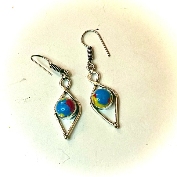 New Artisan Yellow Pink Blue Mosaic Jasper Sterling Silver Minimalist Earrings - Picture 4 of 11